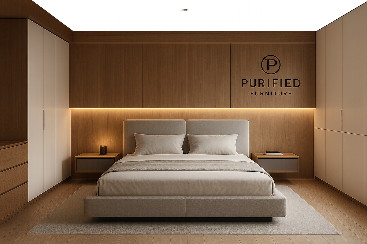 Arredi per camera da letto: comodini e mobili contenitori. Camera da letto moderna. Logo Purified Furniture. make this desgn sweet and attractive. design it with those modern design you think is best, i don't need all this classic desing with tiny legs of bed. i mean luxy home with bed everything perfect please.