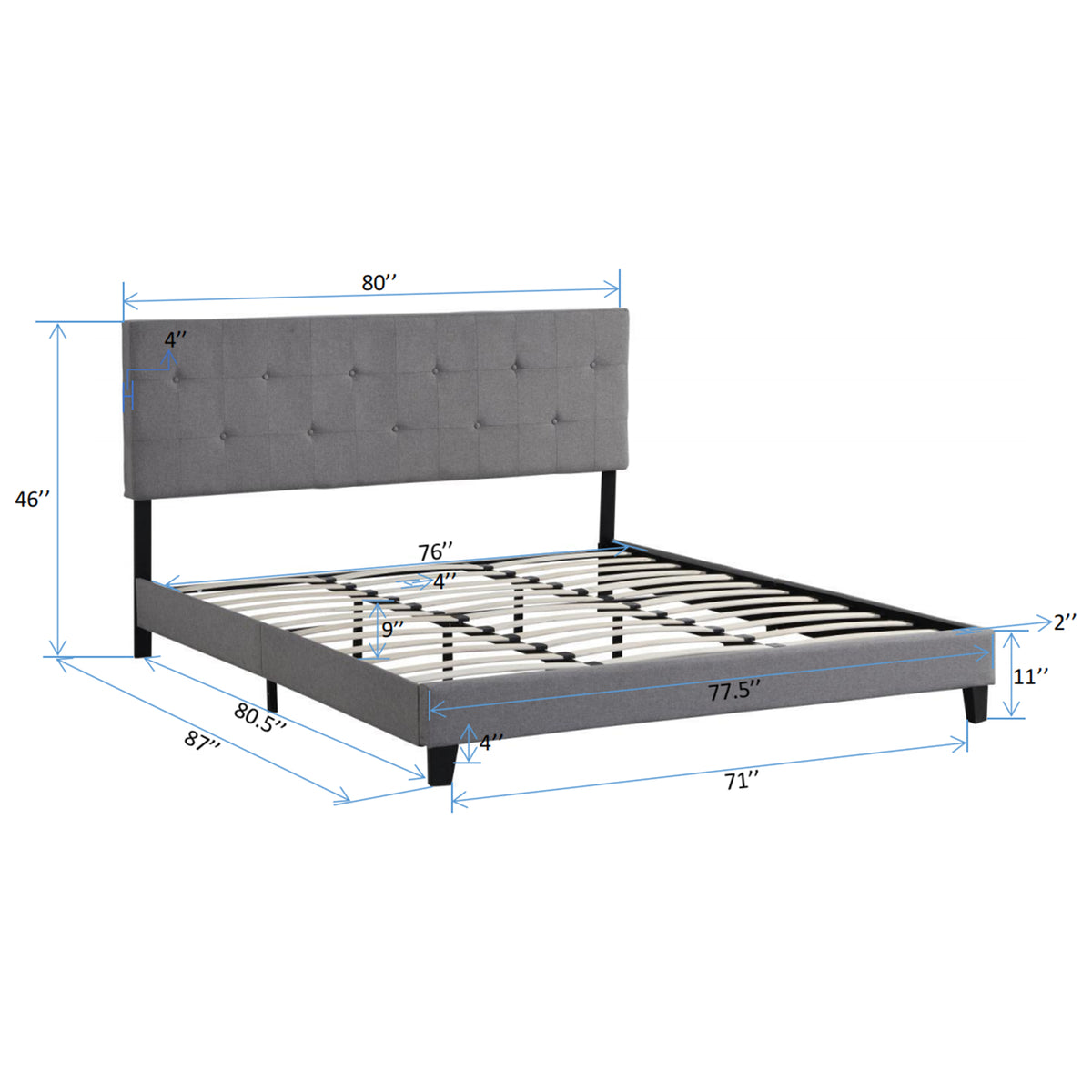 Letto King Size con Testiera Imbottita Grigia Elegante
