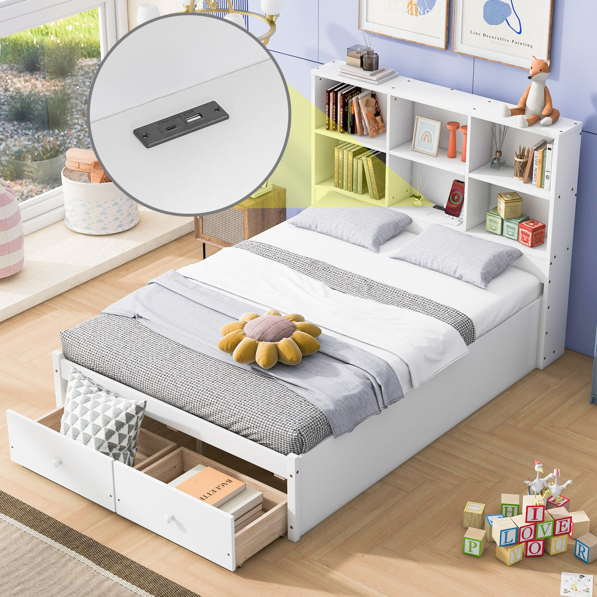 Letto Piattaforma Full con Testata, Ricarica e Cassetti — Bianco