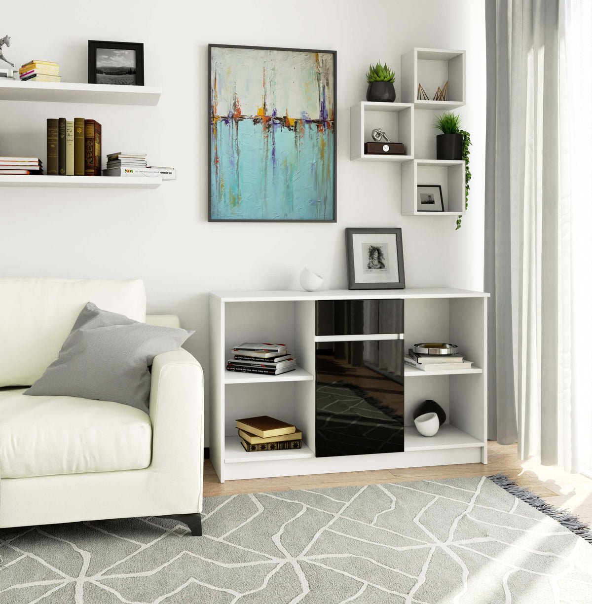 Credenza Aria 120 cm 1 Cassetto 1 Anta – Bianco/Nero Lucido