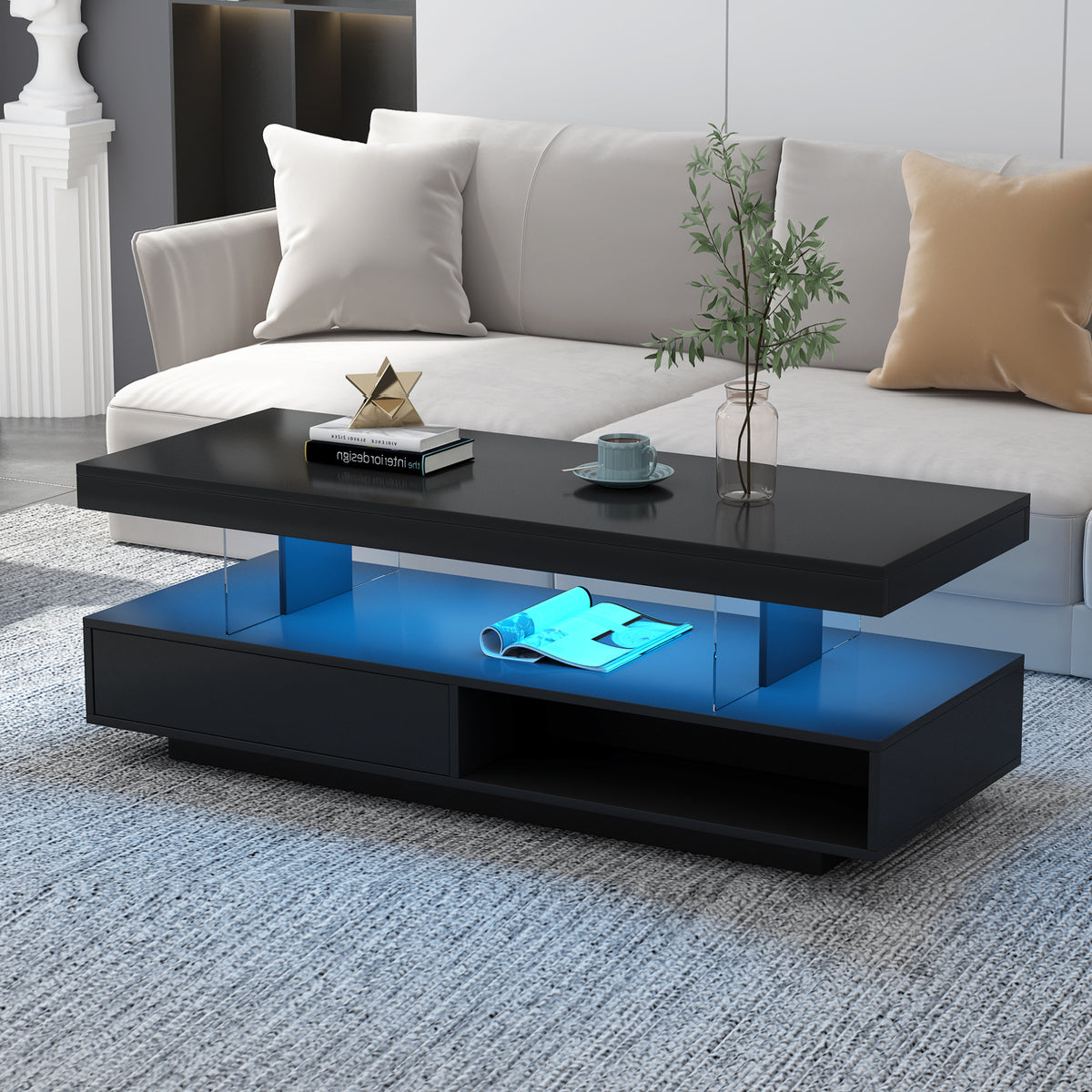 Tavolino Caffè LED Nero 2 Cassetti