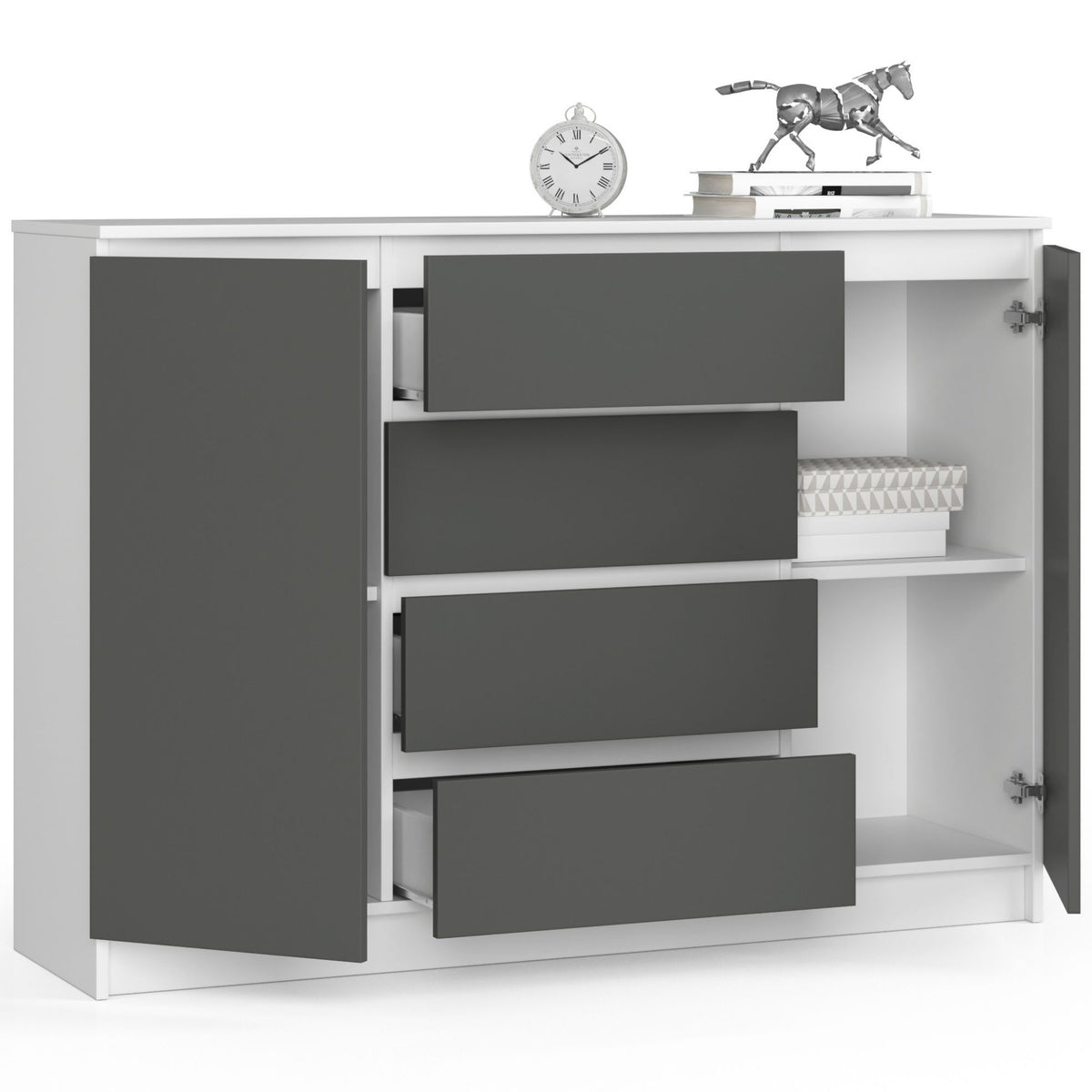 Cassettiera Linea 138 cm 2 Ante 4 Cassetti – Bianco/Grigio