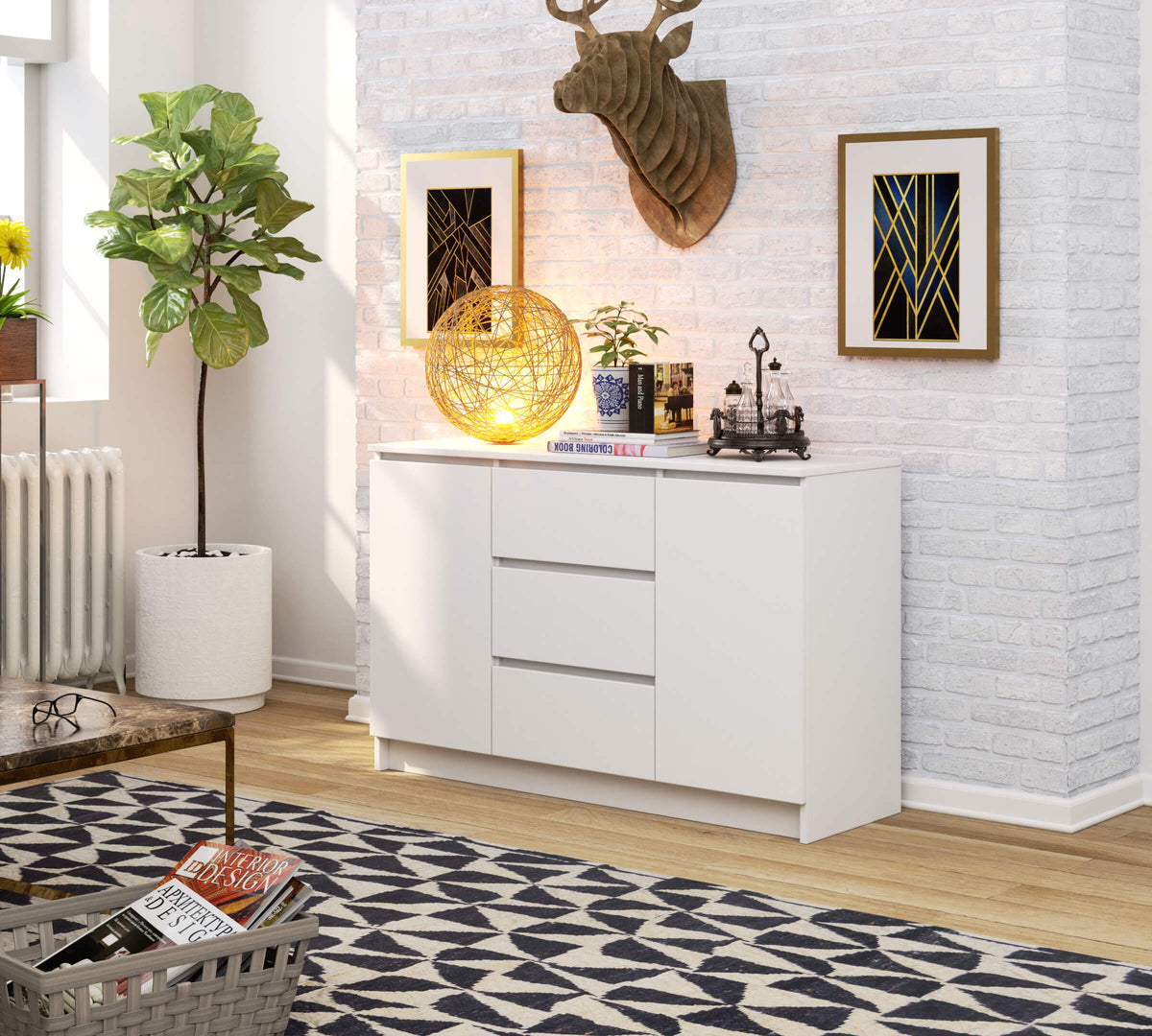 Cassettiera Nobile 3 Cassetti 2 Ante – Bianca 120x40x77 cm