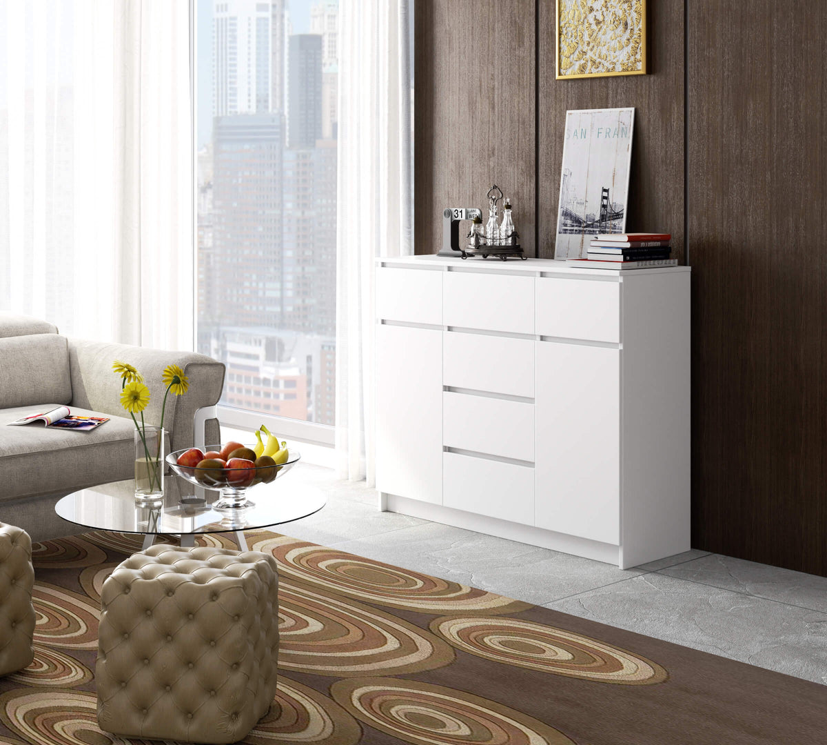 Credenza Linea 120 cm 6 Cassetti 2 Ante – Bianco