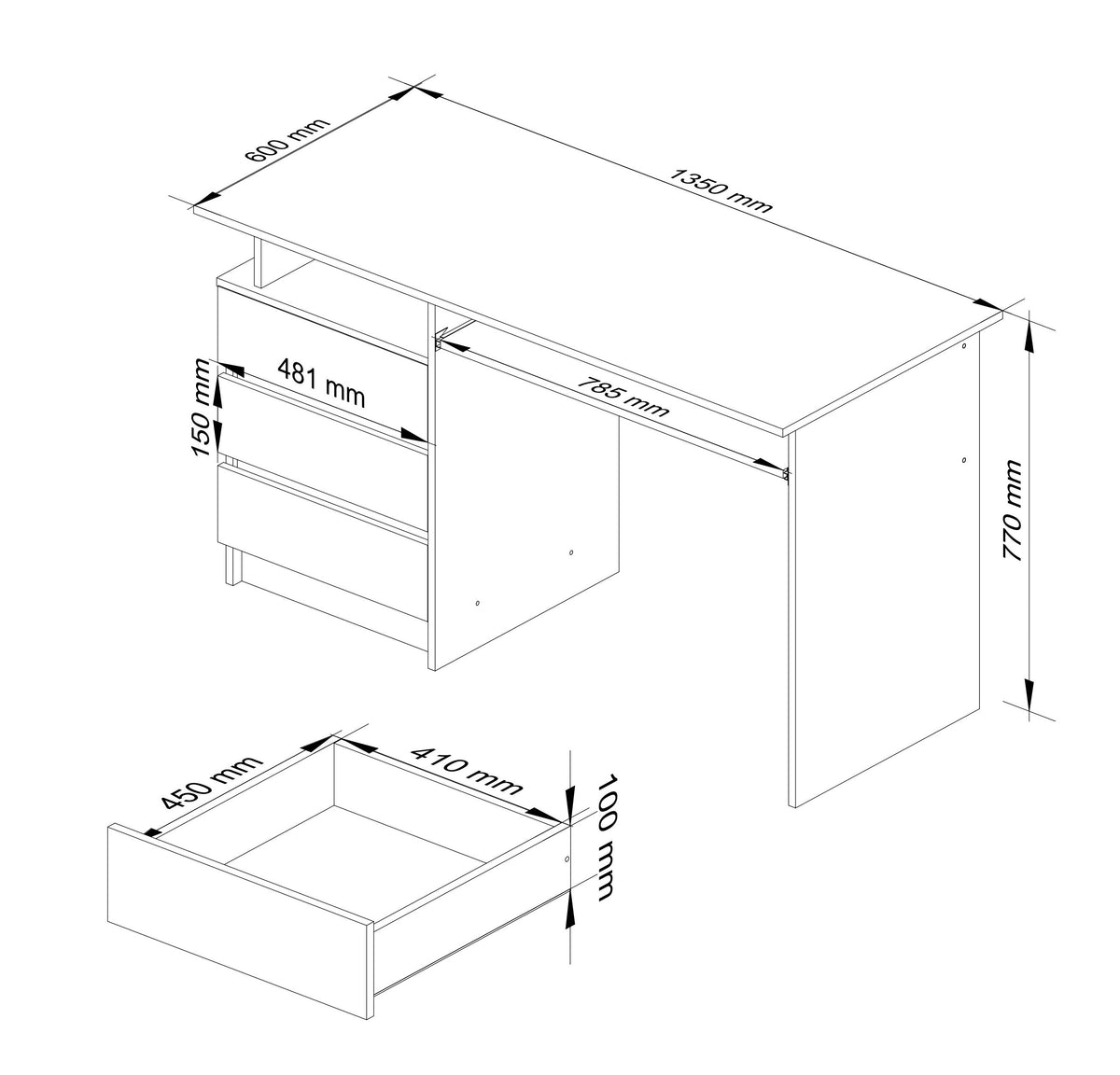Scrivania 135 cm 3 Cassetti con Ripiano Tastiera – Bianco/Nero Lucido
