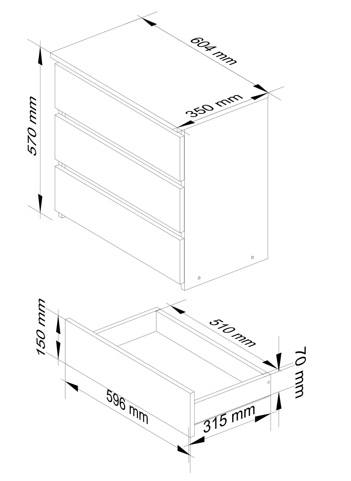 Comodino 3 Cassetti – Olmo 60x35x57 cm