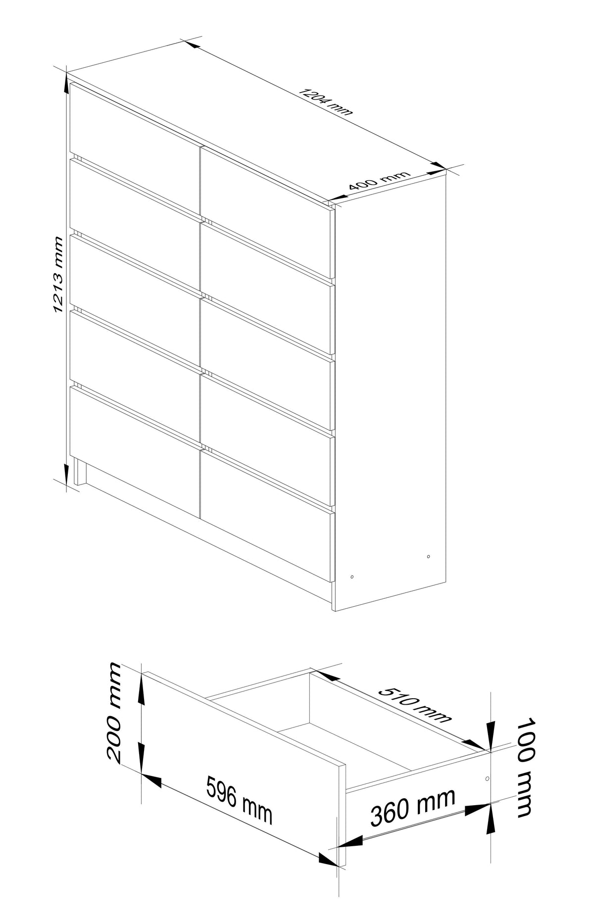 Cassettiera Nobile 10 Cassetti – Bianco/Grafite 120x40x121 cm