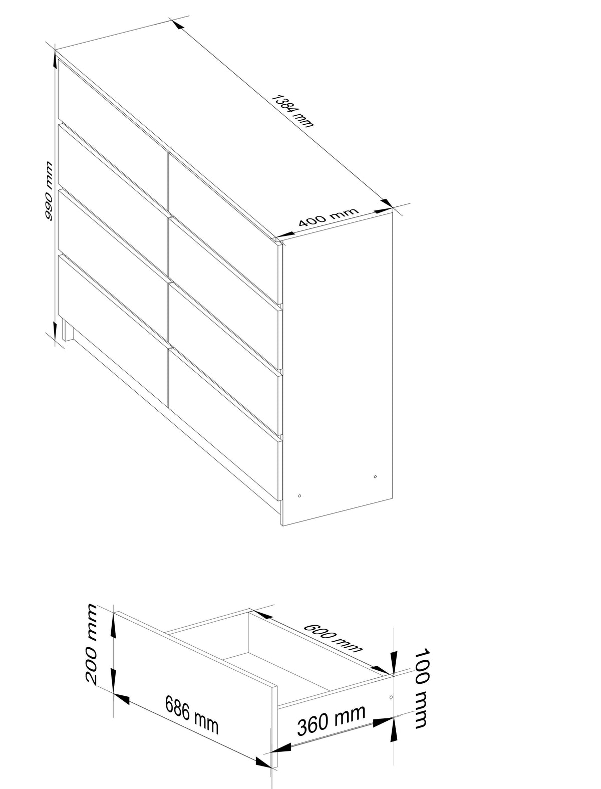 Cassettiera 140 cm 8 Cassetti – Wengé/Rovere Sonoma