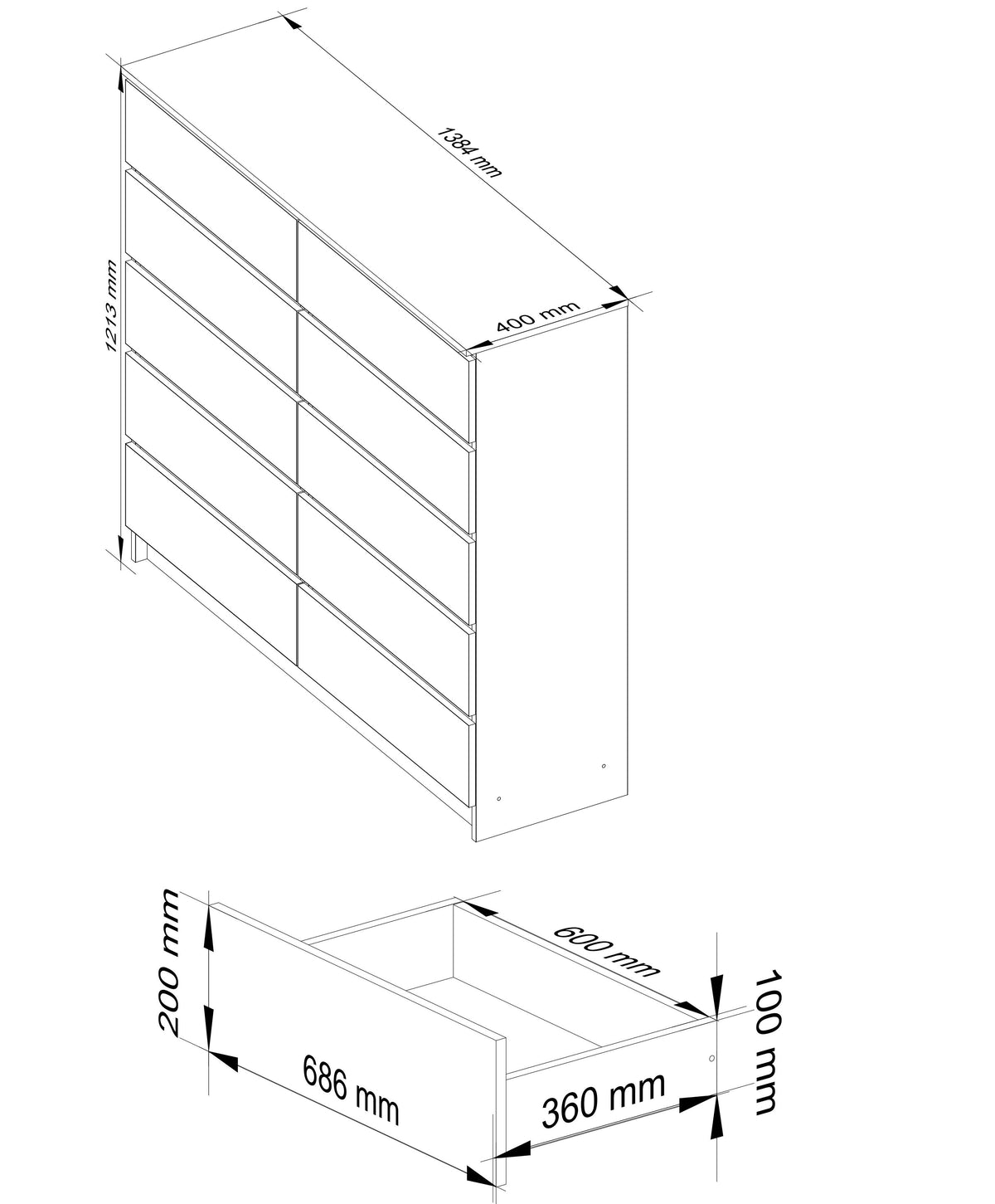Cassettiera Luce 138 cm 10 Cassetti – Bianco Lucido