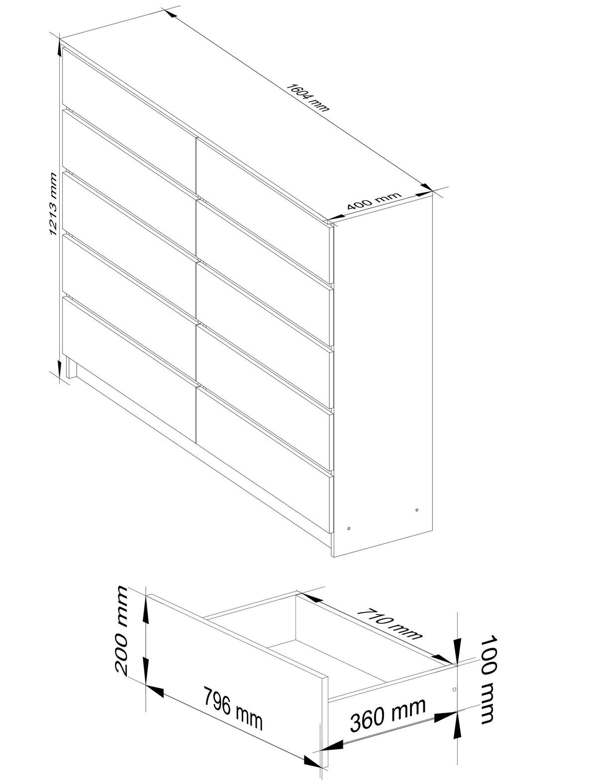 Credenza Linea 160 cm 10 Cassetti – Bianco Lucido