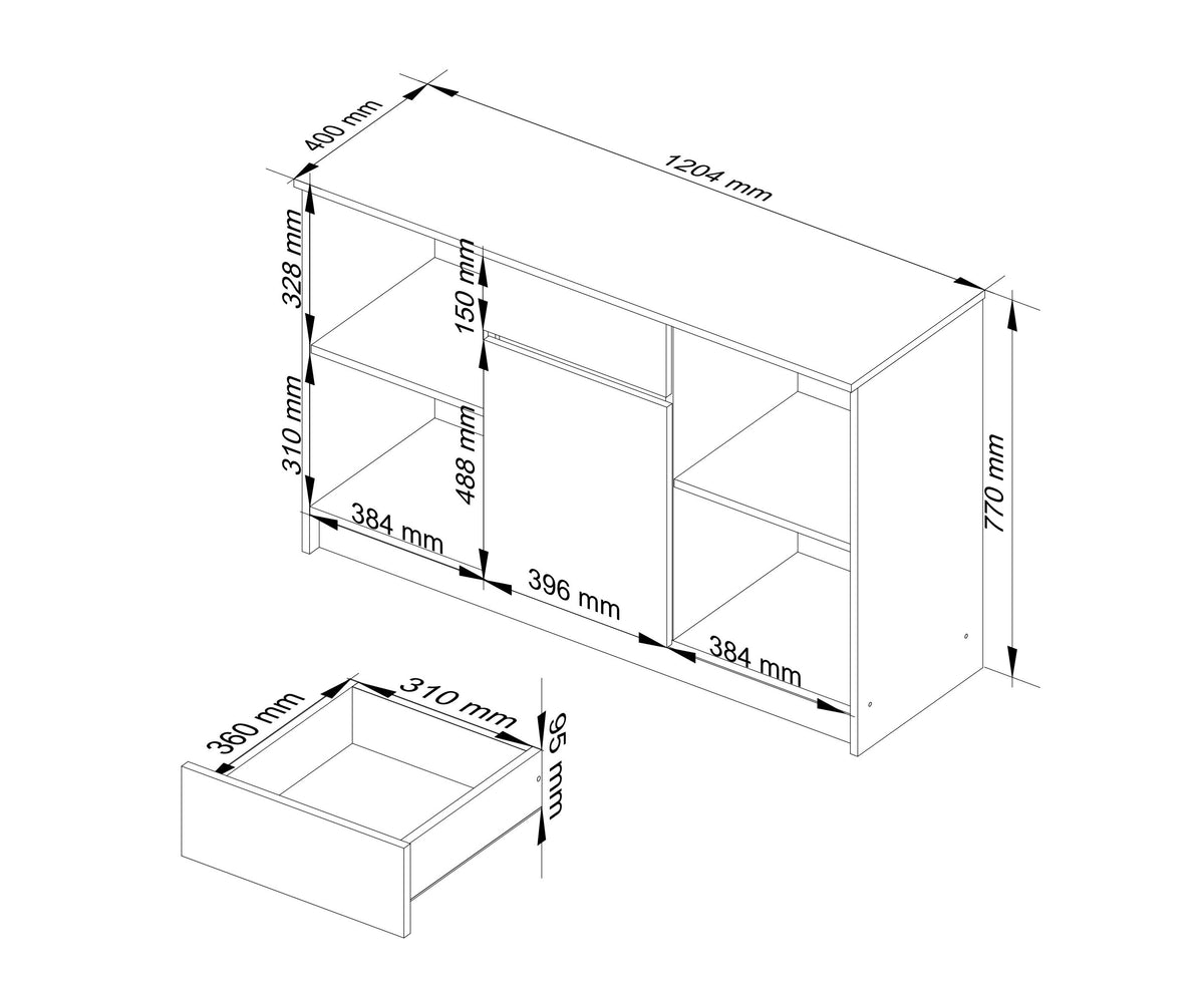 Credenza Aria 120 cm 1 Cassetto 1 Anta – Bianco/Nero Lucido