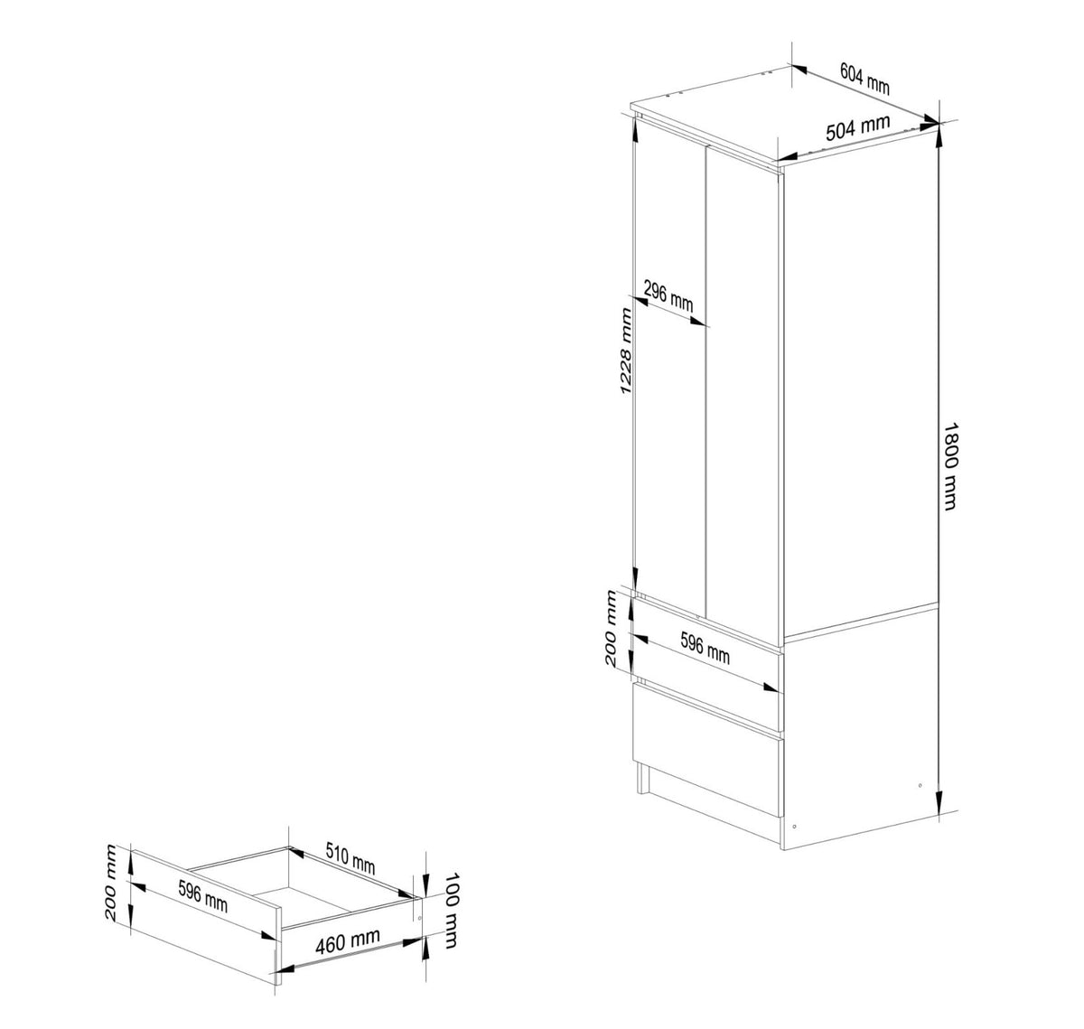 Armadio Linea 60 cm 2 Ante 2 Cassetti – Bianco / Grafite Lucido