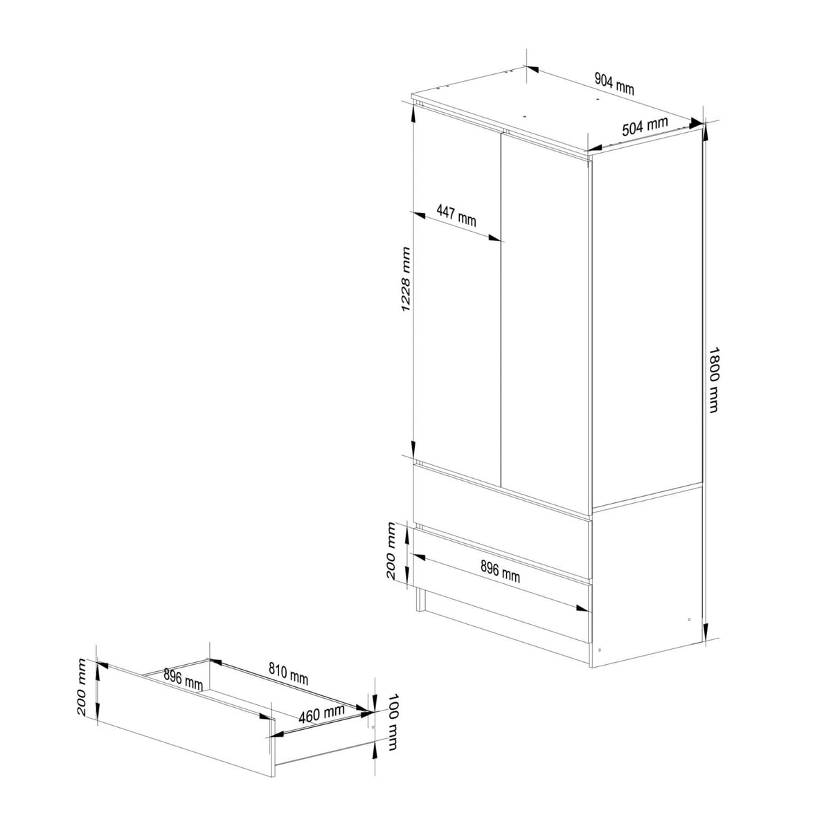 Armadio Linea 90 cm 2 Ante Specchio 2 Cassetti — Wengè/Sonoma