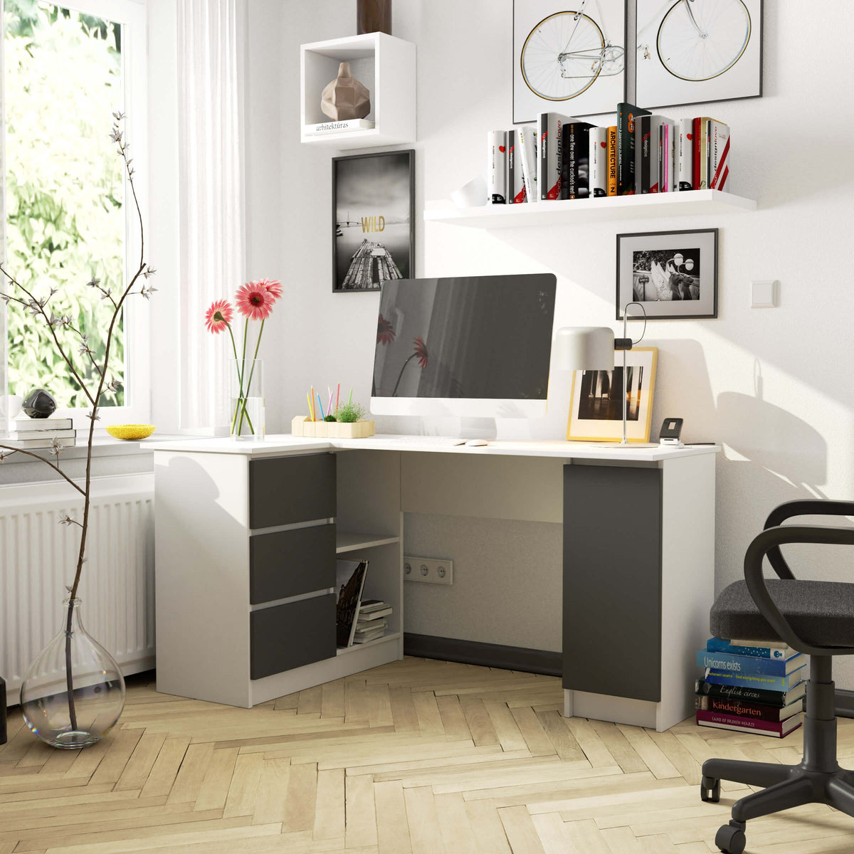 Scrivania Angolare Linea – Bianco/Grafite 155x85x77 cm
