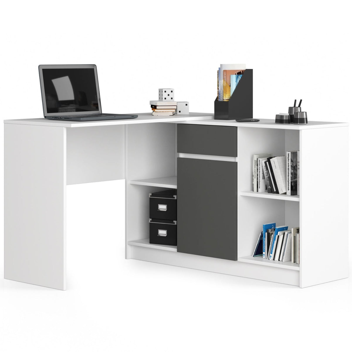 Set Scrivania Angolare Aria 1 Cassetto – Bianco/Grigio 120x126x79 cm