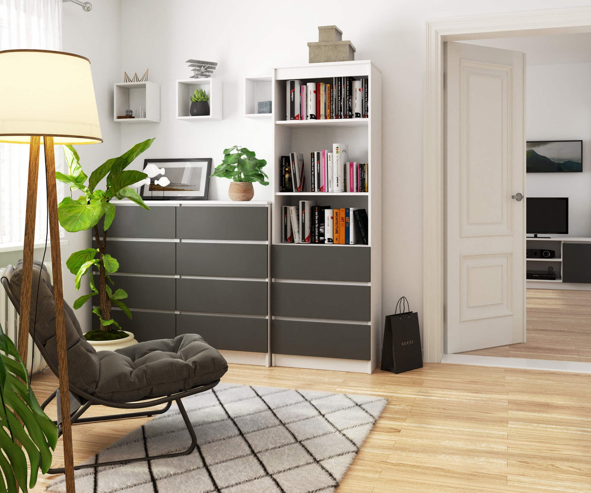 Libreria 60 cm 3 Cassetti 2 Ripiani – Bianco/Grigio