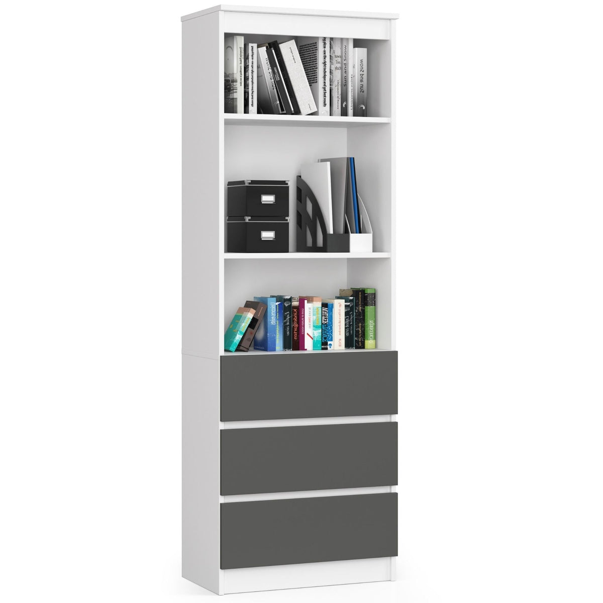 Libreria 60 cm 3 Cassetti 2 Ripiani – Bianco/Grigio