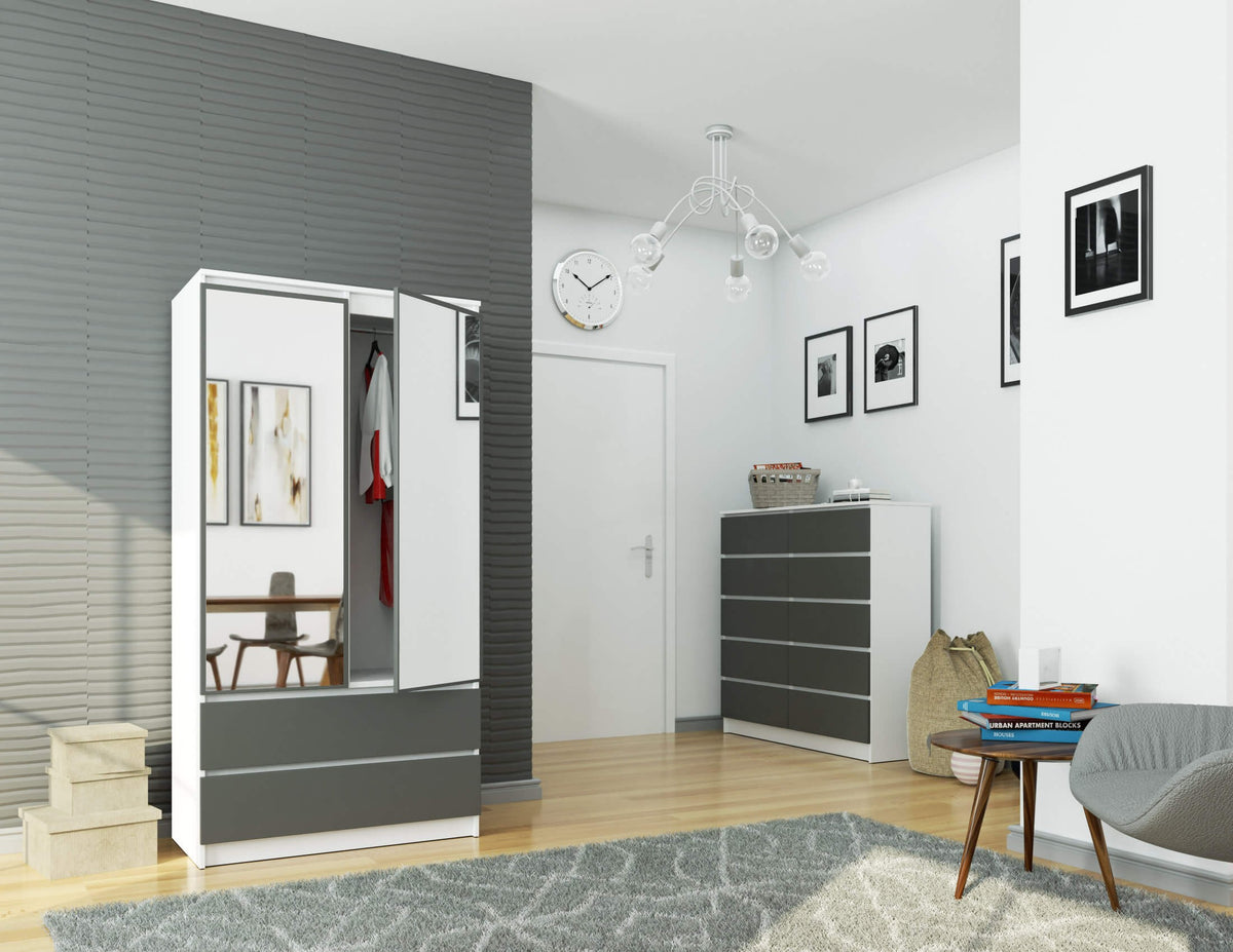 Armadio Nobile 90 cm 2 Ante 2 Cassetti 2 Specchi – Bianco/Grigio Grafite
