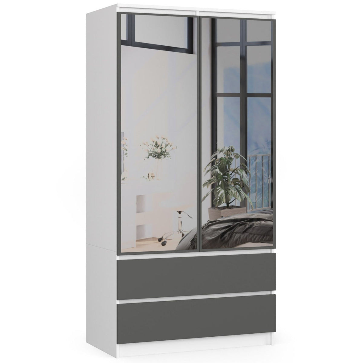 Armadio Nobile 90 cm 2 Ante 2 Cassetti 2 Specchi – Bianco/Grigio Grafite