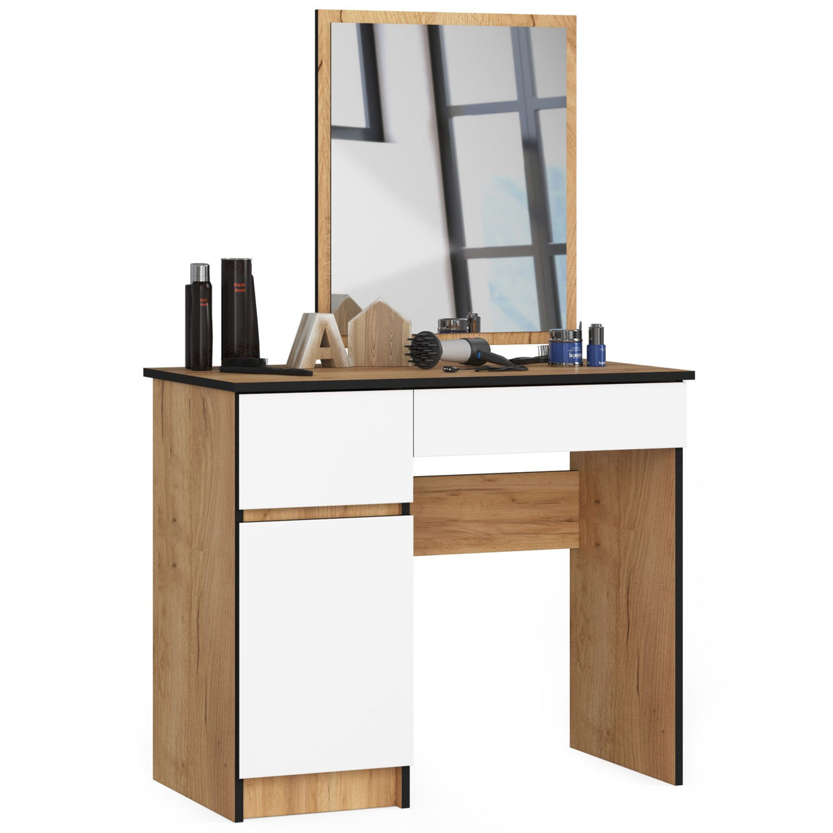 Toeletta Linea 90 cm 2 Cassetti con Specchio – Rovere/Bianca