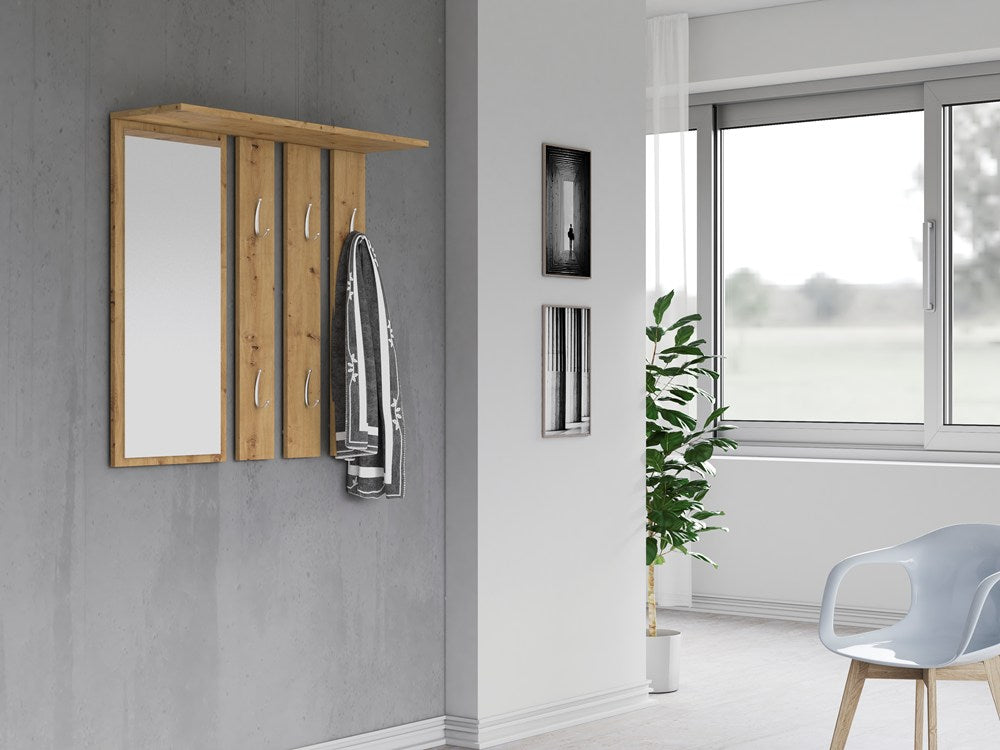Appendiabiti da Parete Luce con Specchio e Ripiano – Rovere Artisan 85×15×82 cm