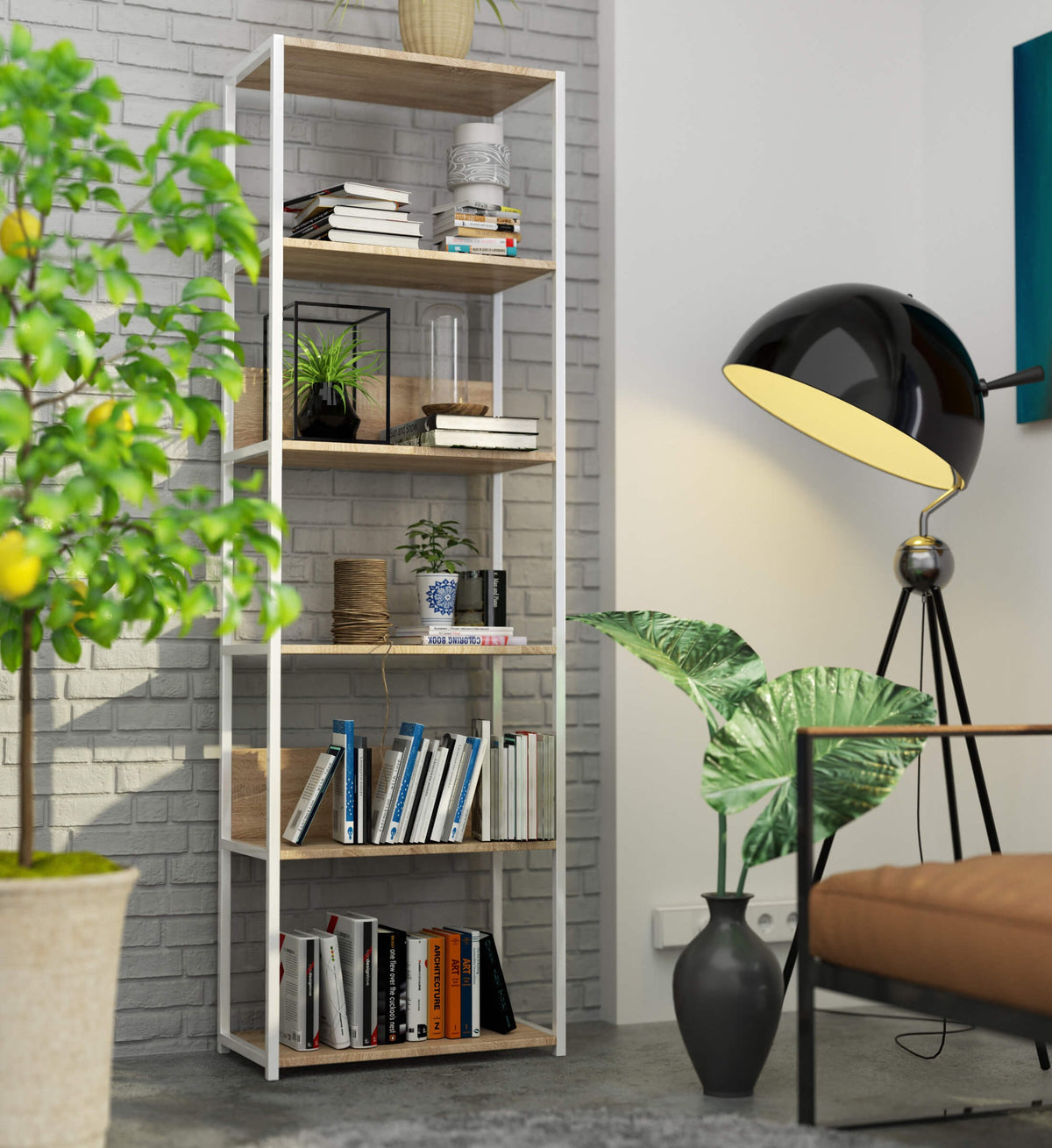 Scaffale Loft 60 cm 6 Ripiani – Bianco/Rovere