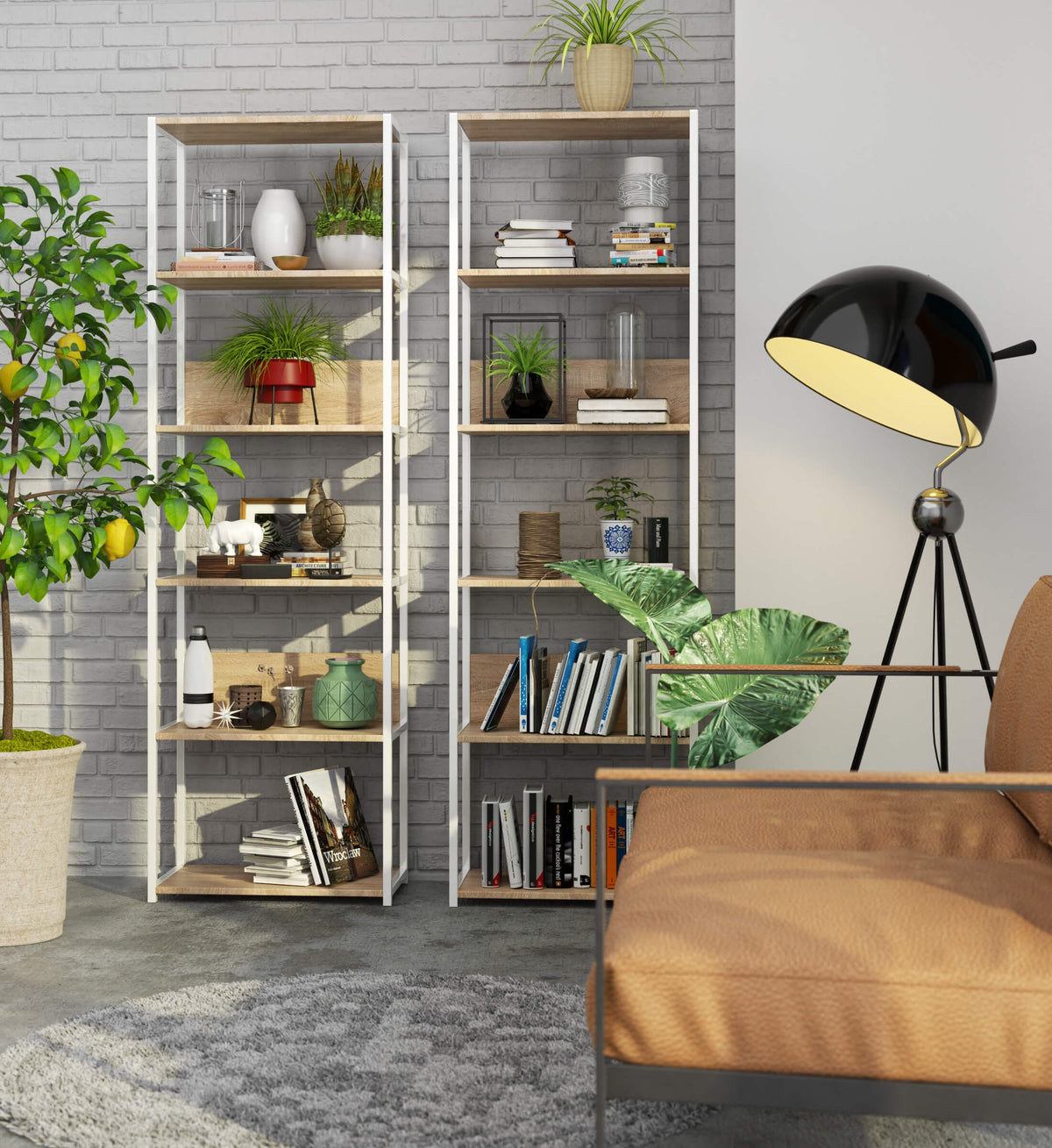 Scaffale Loft 60 cm 6 Ripiani – Bianco/Rovere