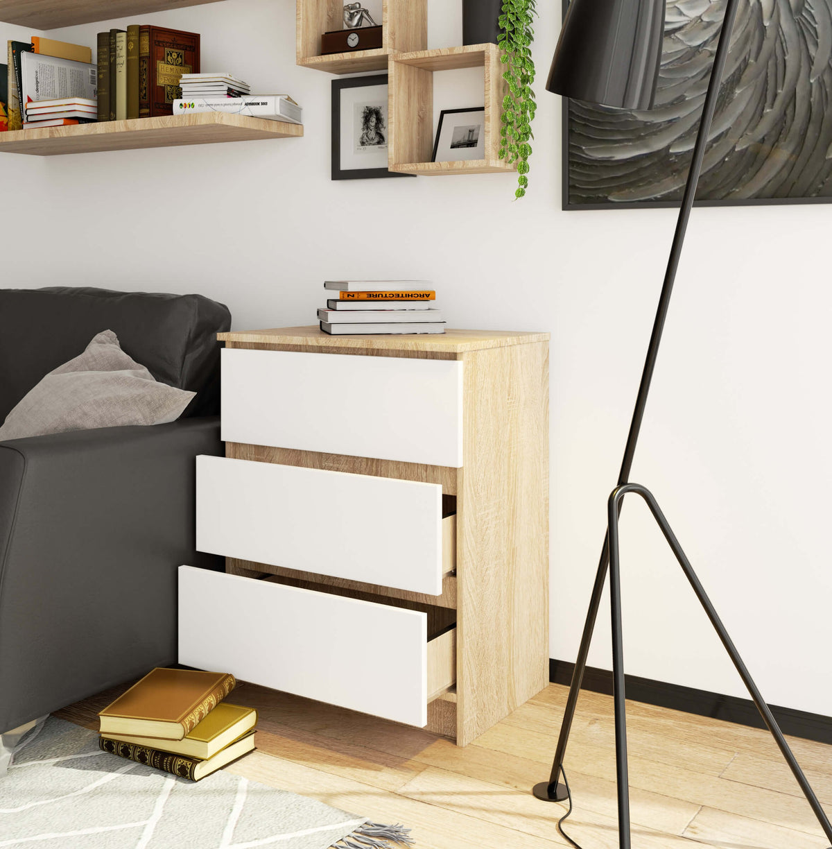 Cassettiera 60 cm 3 Cassetti – Rovere Sonoma/Bianco