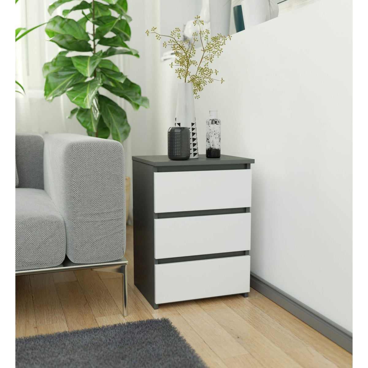 Comodino Nobile 3 Cassetti – Grafite/Bianco 40x35x57 cm