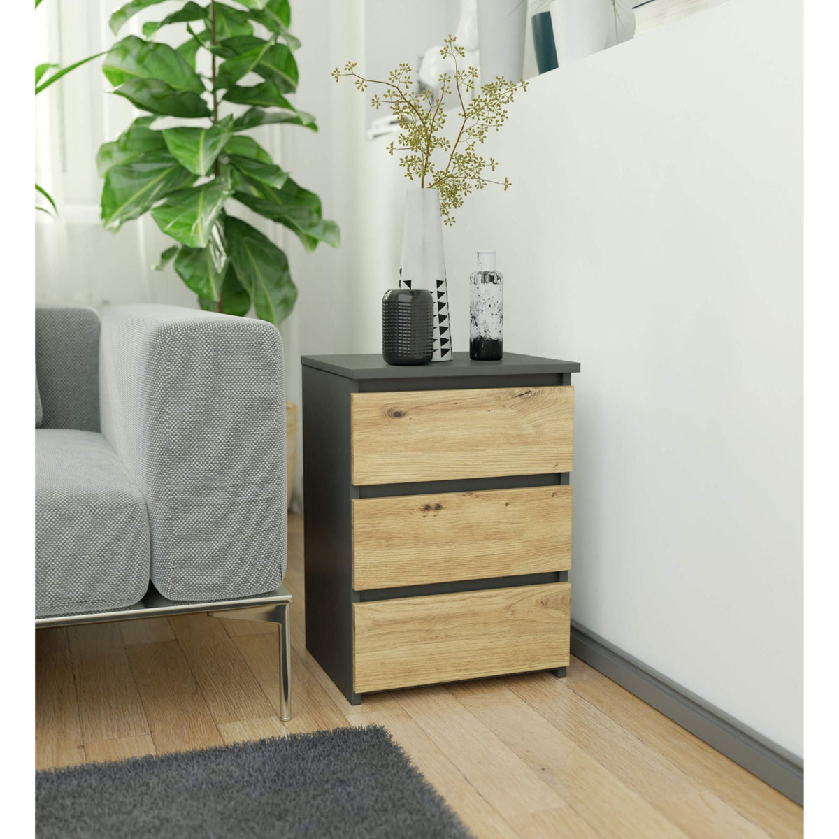 Comodino Nobile 1 Cassetto – Grafite/Rovere 40x35x57 cm