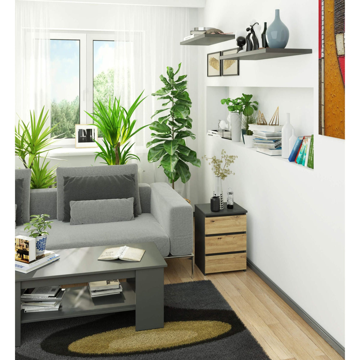 Comodino Nobile 1 Cassetto – Grafite/Rovere 40x35x57 cm