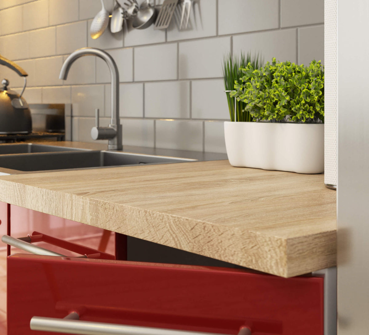 Mobile Cucina Linea 80 cm 3 Cassetti – Bianco/Rosso Lucido