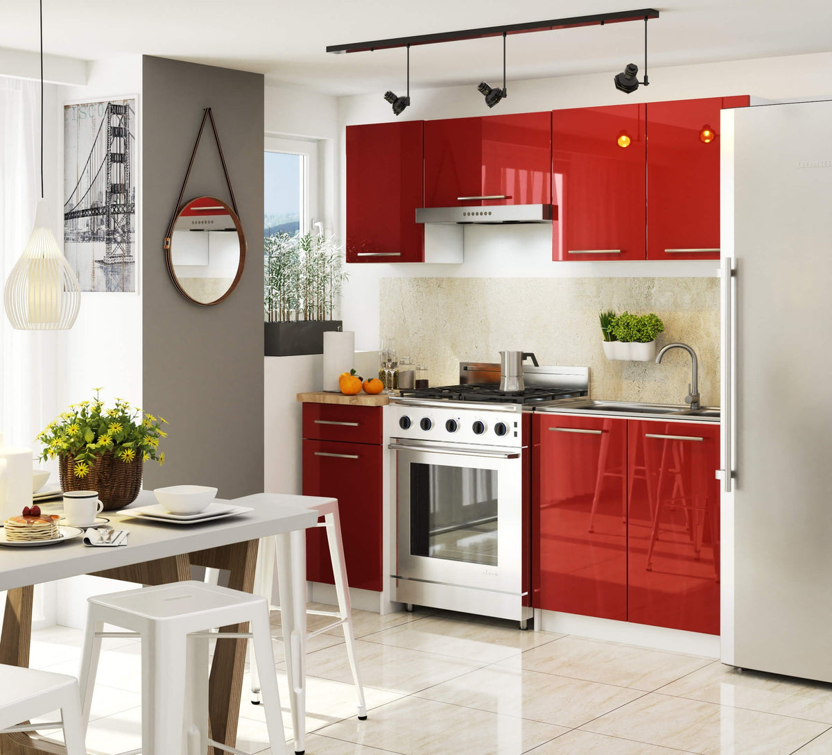 Mobile Cucina Linea 80 cm 3 Cassetti – Bianco/Rosso Lucido