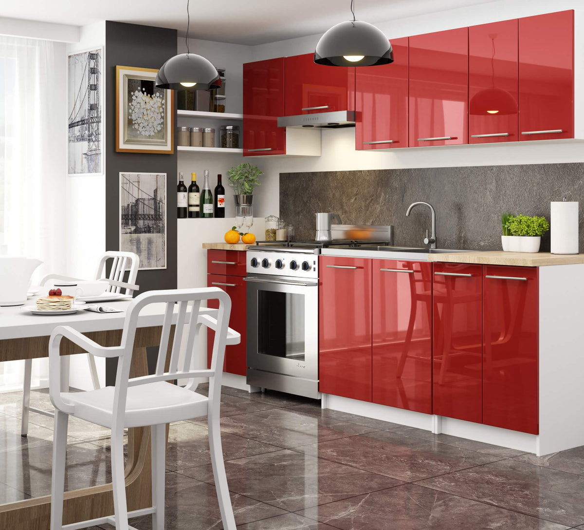 Mobile Cucina Linea 80 cm 3 Cassetti – Bianco/Rosso Lucido