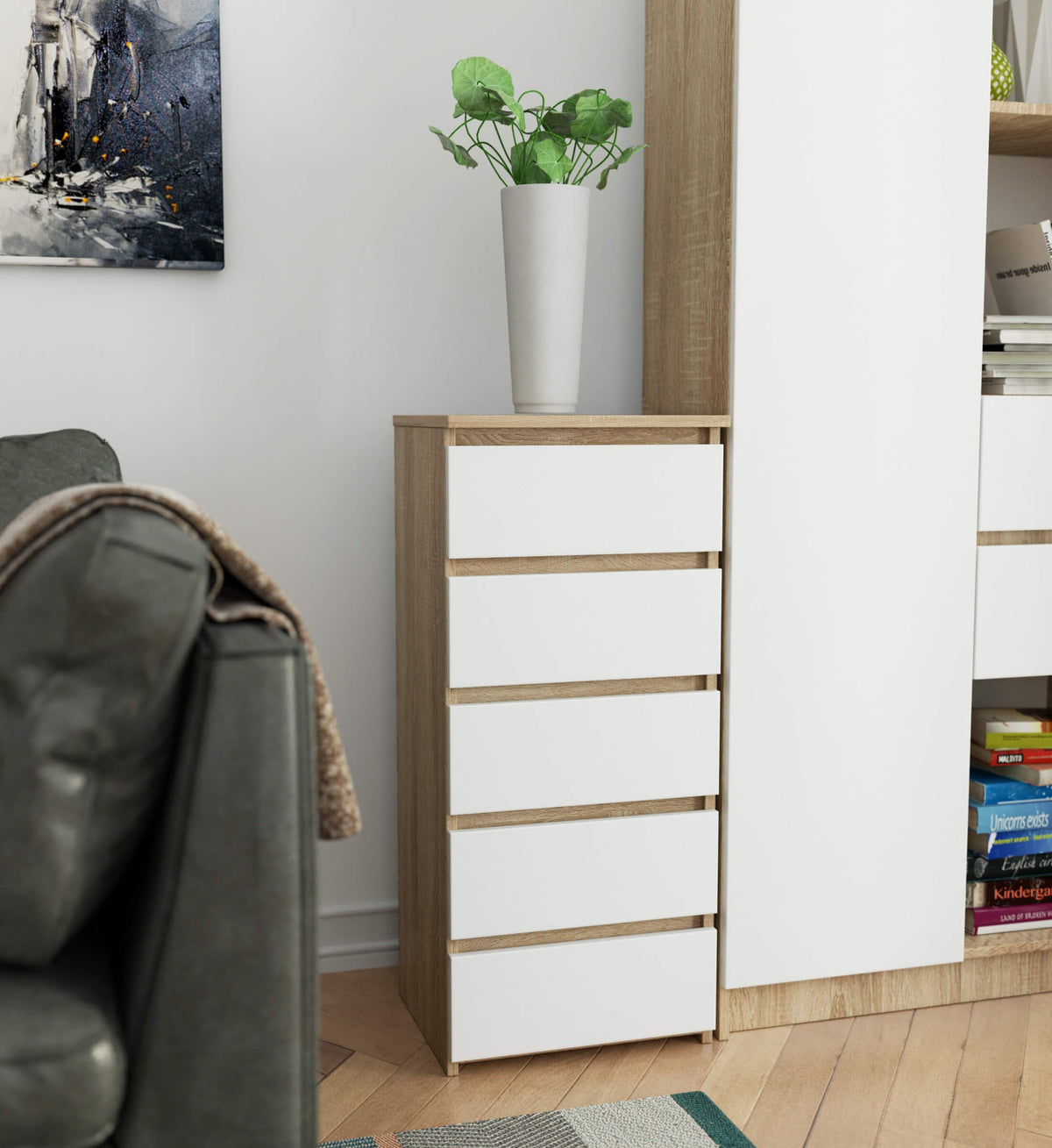 Comodino 1 Cassetto – Rovere Sonoma/Bianco 40 cm