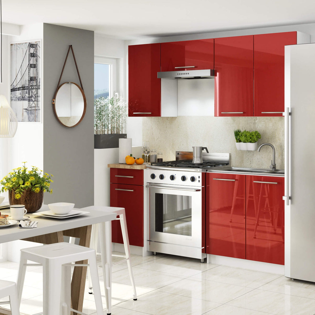 Pensile Cucina Linea 50 cm 1 Anta – Bianco/Rosso Lucido