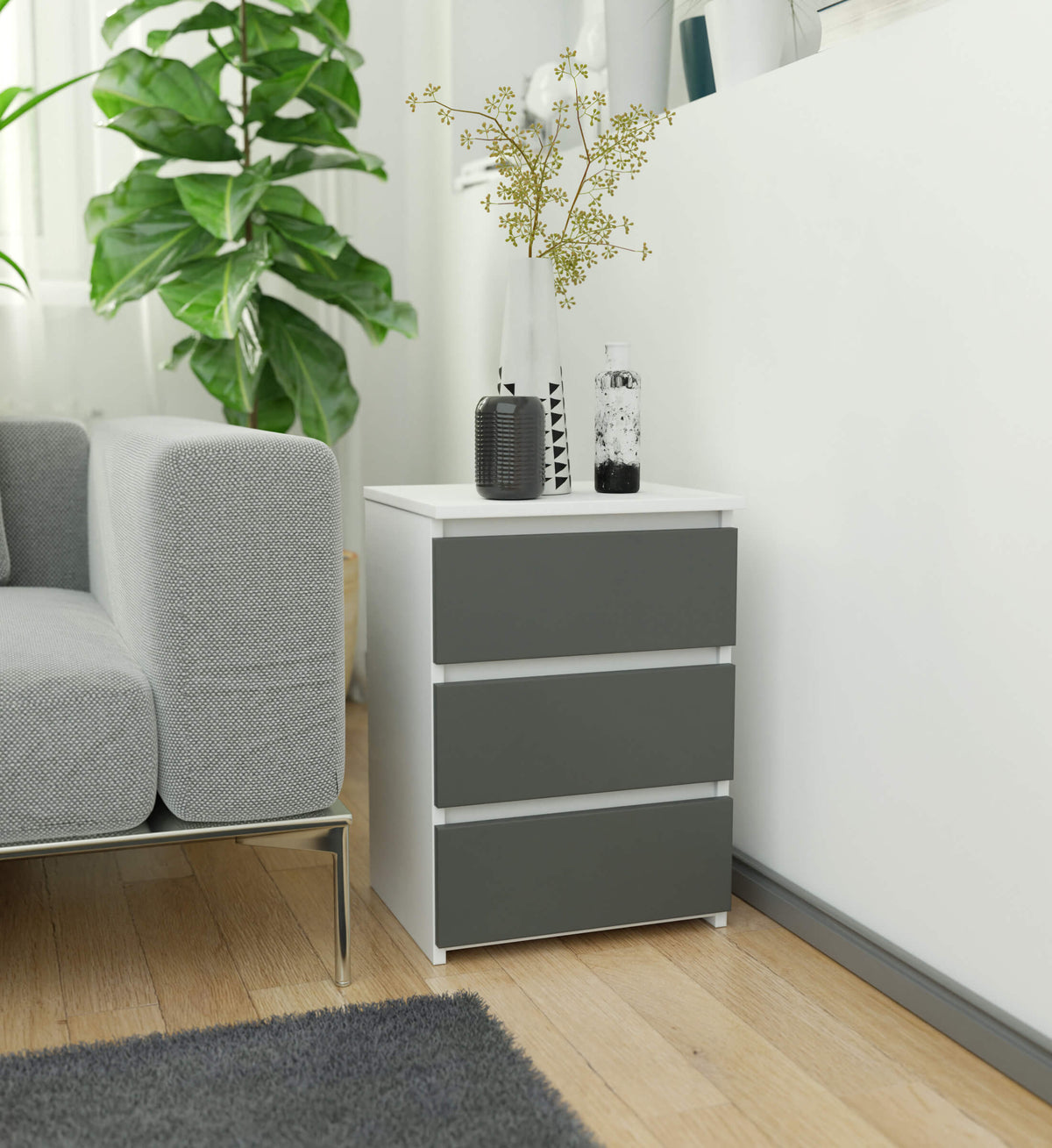 Comodino Nobile 40 cm 3 Cassetti – Bianco/Grigio
