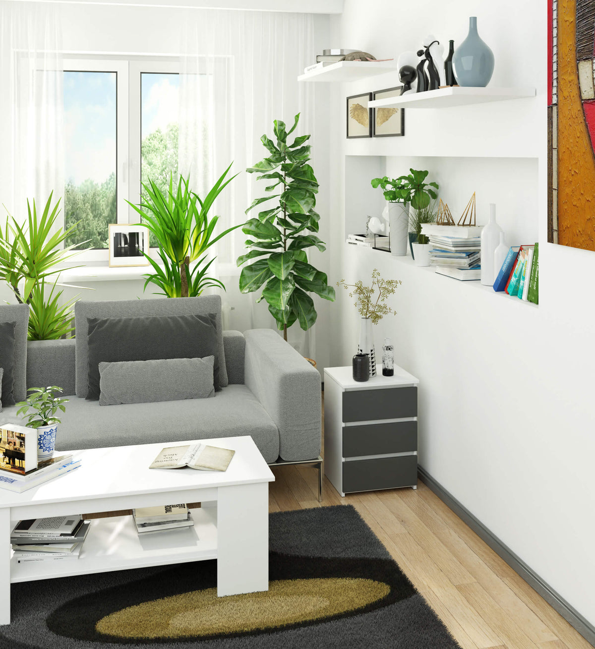 Comodino Nobile 40 cm 3 Cassetti – Bianco/Grigio