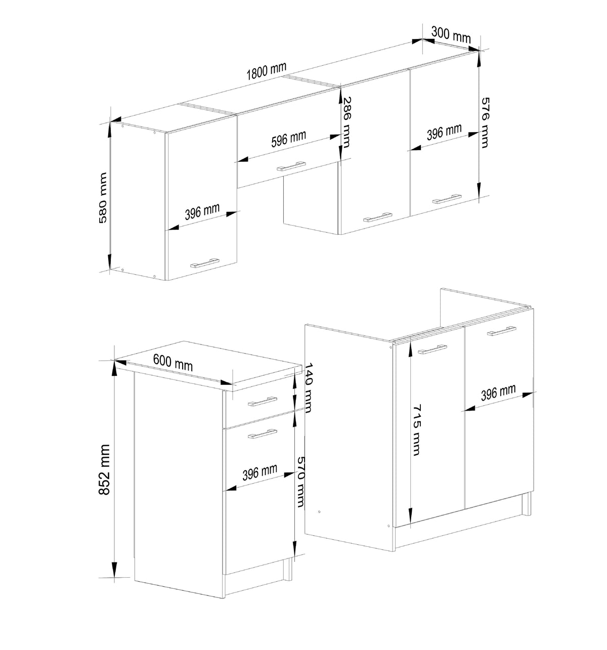 Set Cucina Linea 5 Elementi – Beton/Bianco 180x46x203 cm