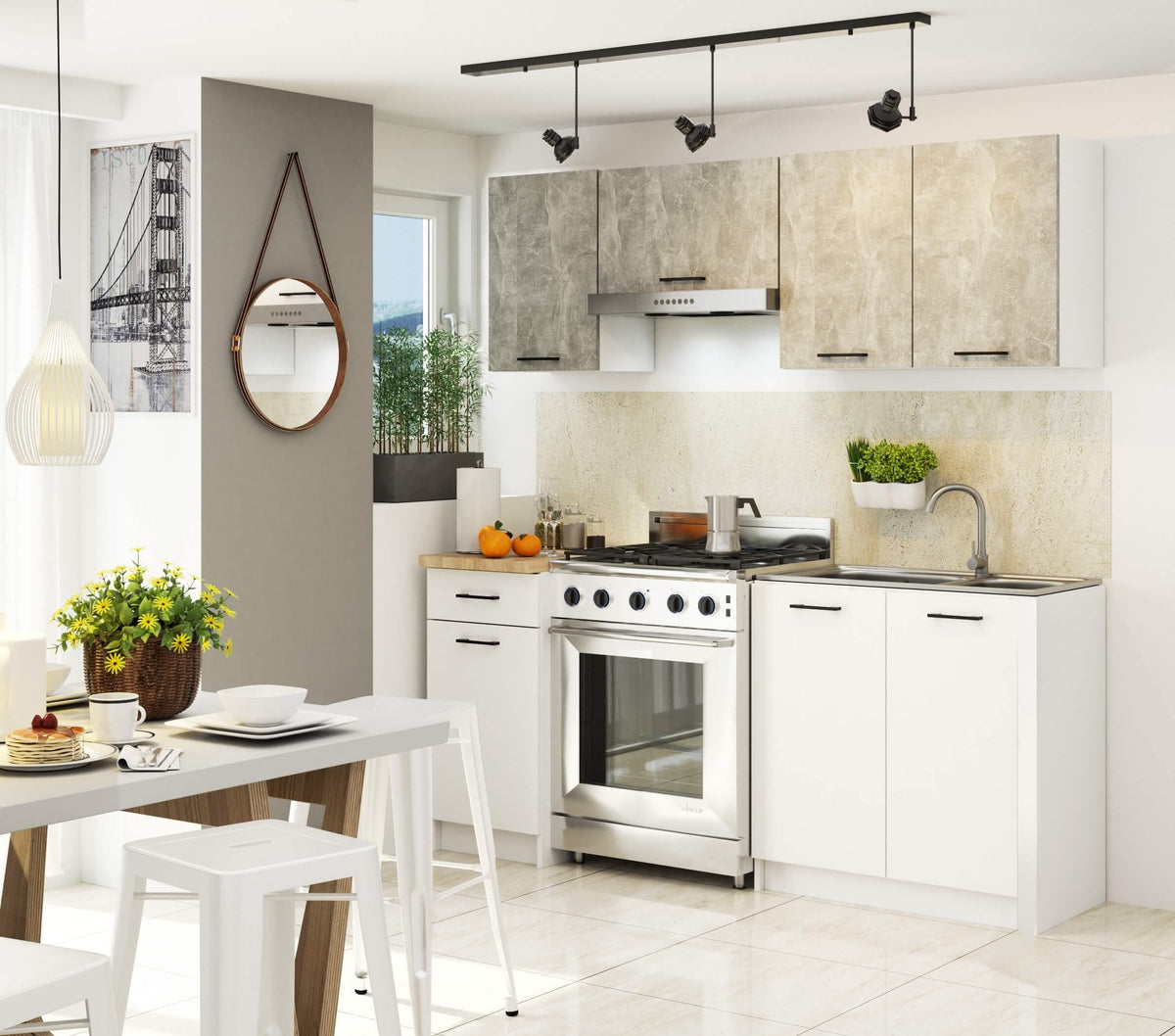 Set Cucina Linea 5 Elementi – Beton/Bianco 180x46x203 cm