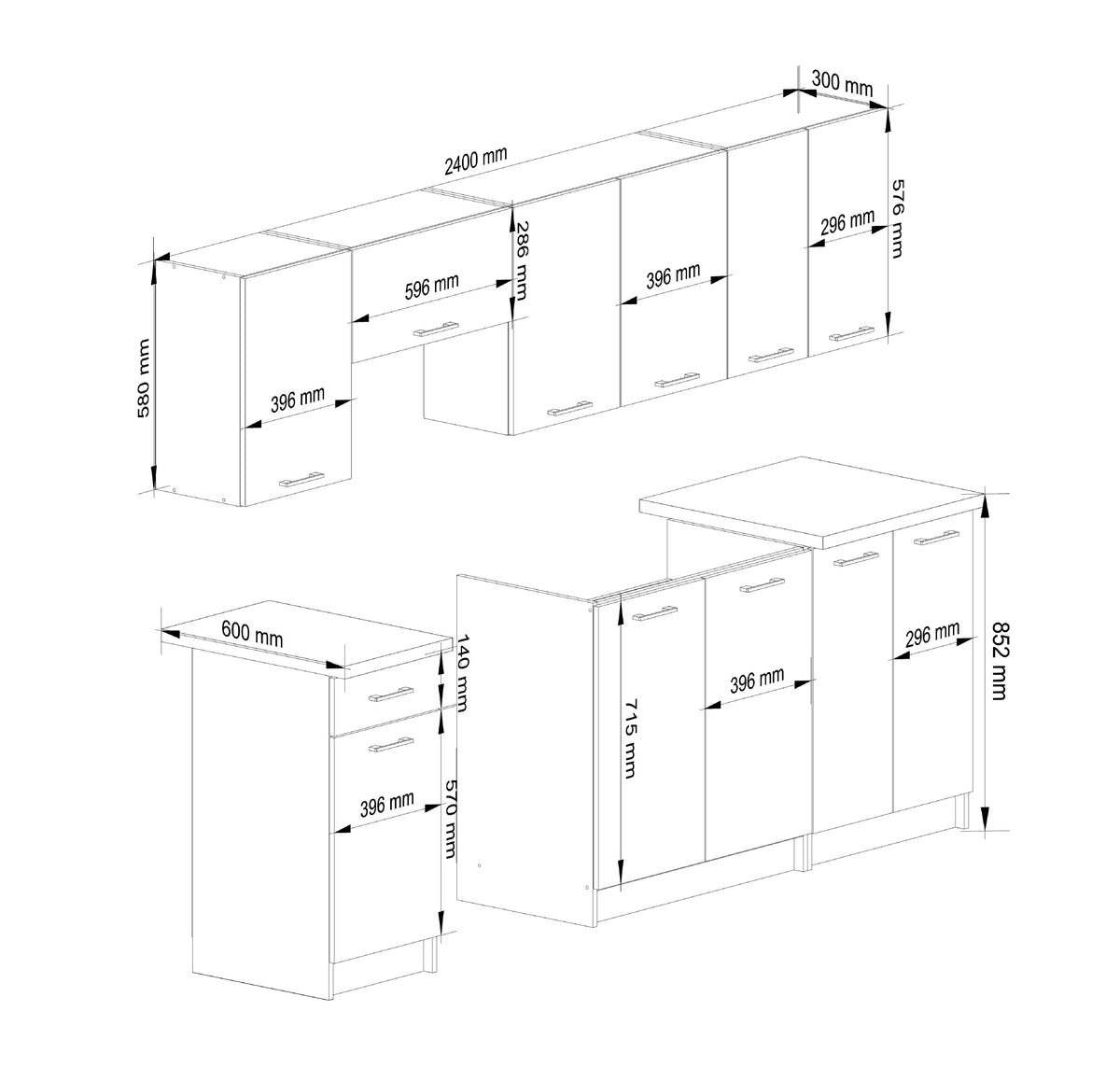 Set Mobili Cucina 240 cm Beton/Bianco 7 Elementi