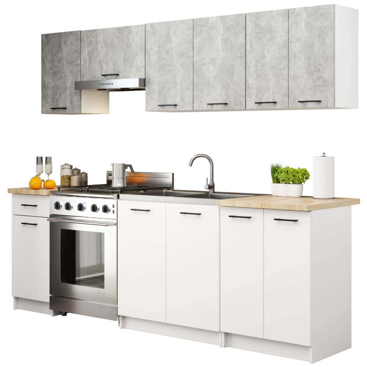 Set Mobili Cucina 240 cm Beton/Bianco 7 Elementi