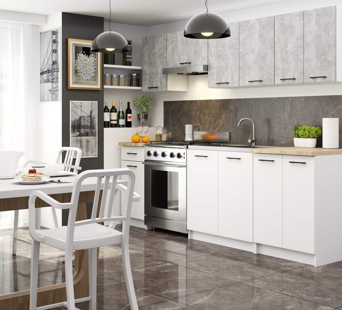 Set Mobili Cucina 240 cm Beton/Bianco 7 Elementi