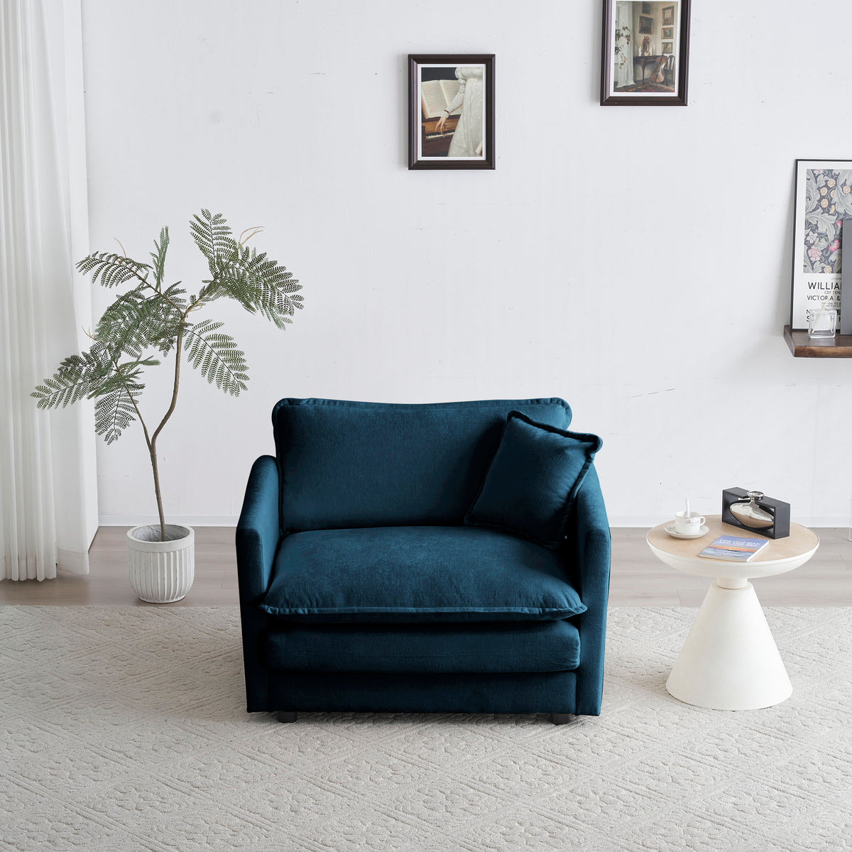 Poltrona Singola Blu in Ciniglia con Pouf per Lettura
