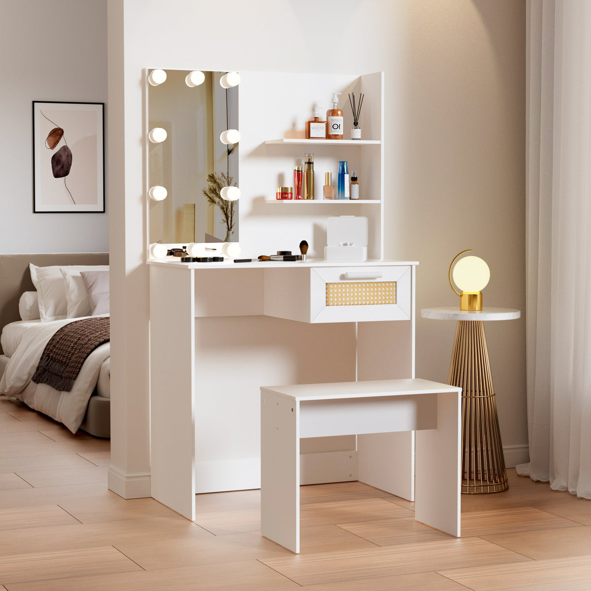 Toeletta Bianca con LED e Cassetti Legno