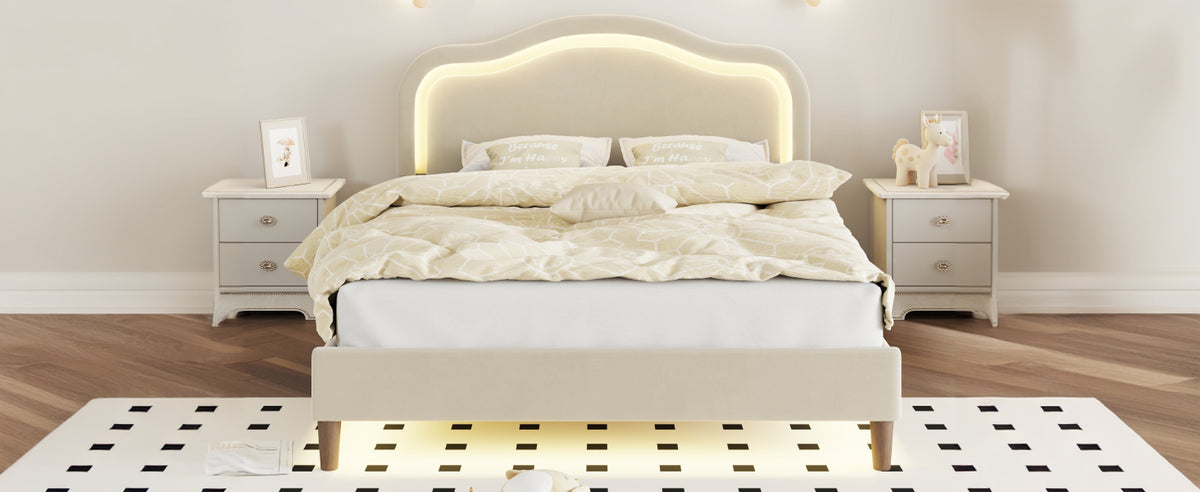 Letto Full Size Velluto Beige con LED