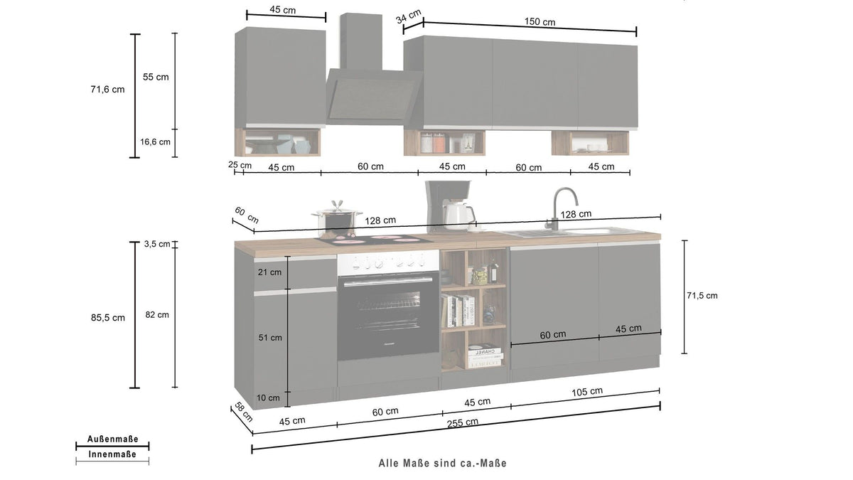 Cucina lineare SOLE da 256 cm, composizione 1