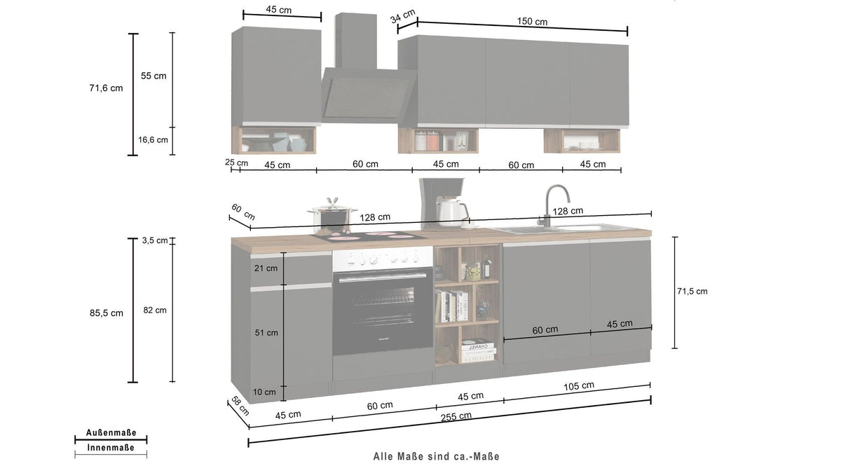 Cucina lineare SOLE da 256 cm, composizione 1