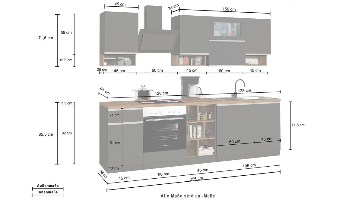 Cucina lineare SOLE 256 cm, composizione 2