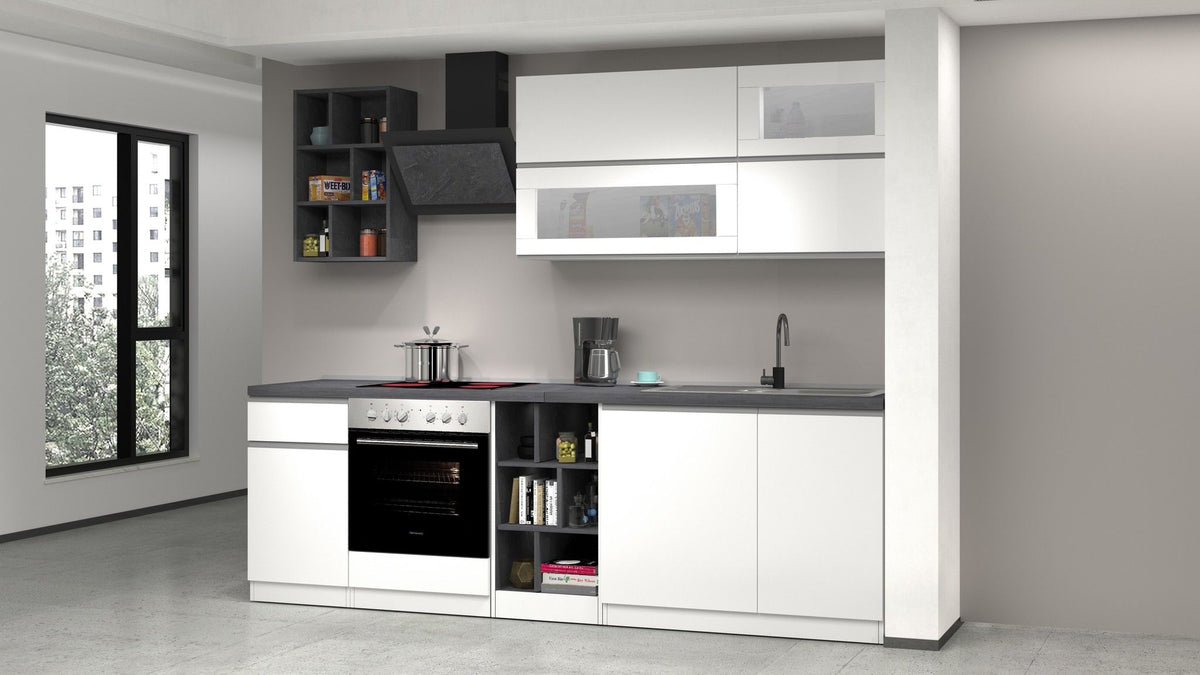 Cucina lineare SOLE 256 cm, composizione 3 - Glossy white / Matte white / Report